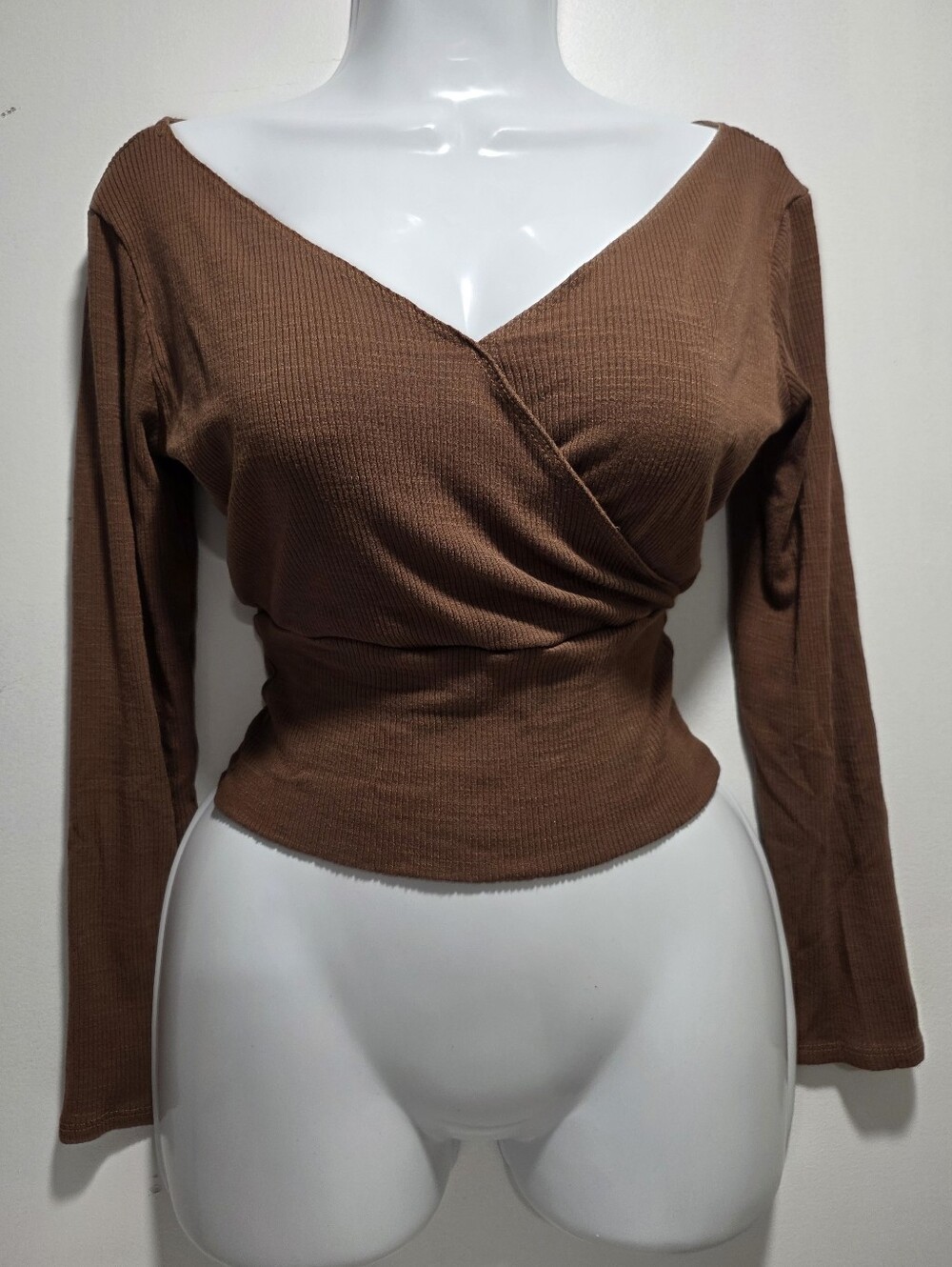 böhme Women's Brown Ribbed Wrap-Front Long Sleeve Top Size-Medium